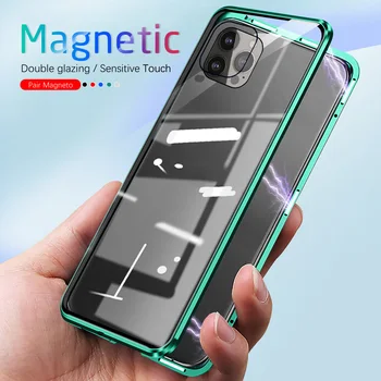 10x Полностью Защитный Металлический Чехол с Магнитной Адсорбцией для iPhone 13 12 Mini 11 Pro XS Max XR X 8 7 6s Plus с Двусторонним Стеклянным Покрытием