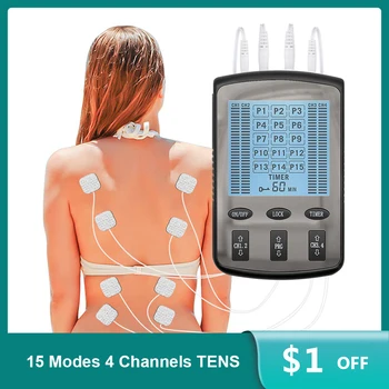 15 режимов TENS Терапевтический Массажер, 4 выхода, Электрический EMS Стимулятор нервных мышц, Цифровой импульсный Массажер для тела