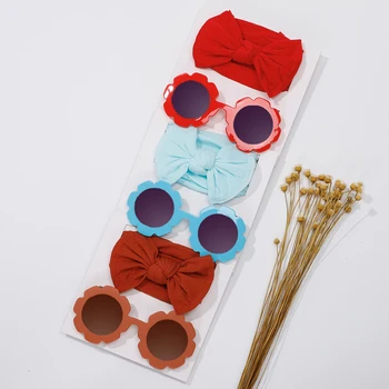 2 шт./компл. Солнцезащитные очки с изображением Подсолнуха, Мягкая нейлоновая эластичная повязка на голову, Комплект для девочек, Детский головной убор, Аксессуары для волос