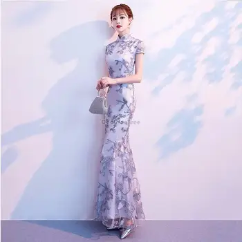 2023 новое китайское улучшенное платье чонсам с короткими рукавами, длинное платье с рыбьим хвостом в китайском стиле, элегантное сексуальное женское вечернее платье ципао s26