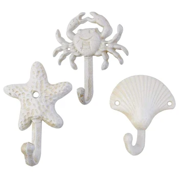 3 Настенных декоративных крючка из чугуна с морскими раковинами, Крючки для полотенец, Металлические крючки в стиле Пляжа и Океана