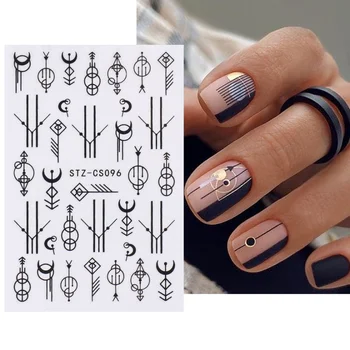 3D наклейка для ногтей Simple Line Абстрактный самоклеящийся слайдер, черные геометрические цветочные листья, Мужские украшения для дизайна ногтей, LASTZCS096