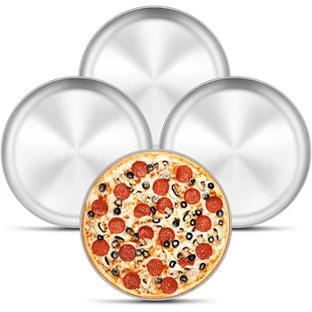 4 Упаковки 12-дюймового Противня для пиццы Из нержавеющей стали Противень для выпечки Пиццы Круглый Противень для выпечки пиццы для запекания и сервировки