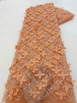 5 Ярдов французской кружевной ткани с 3D цветочной сеткой из Тюля с бисером, Африканская аппликация из Пайеток, Нигерийская ткань для свадебной вечеринки PL448-1