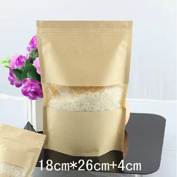 50 шт./лот, 18x26 см, бумажные пакеты для упаковки пищевых продуктов с окошком, визуальная упаковка из крафт-бумаги, сумка на молнии, бесплатная доставка