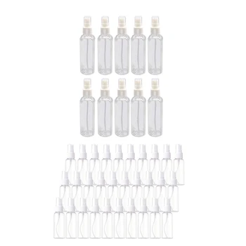 50 штук прозрачных пластиковых бутылок объемом 100 мл и 50 штук распылителей объемом 50 мл