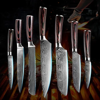7 ШТ. кухонные ножи Дамасский лазерный узор Японский шеф-повар Сантоку ломтик фруктов, мясорубка, набор ножей для хлеба 440C из нержавеющей стали