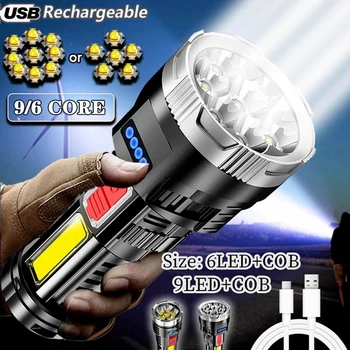 9-Ядерный светодиодный фонарик COB Супер яркий Открытый Портативный USB Перезаряжаемый Сильный свет Дальнего действия Водонепроницаемый Походный фонарь для Кемпинга