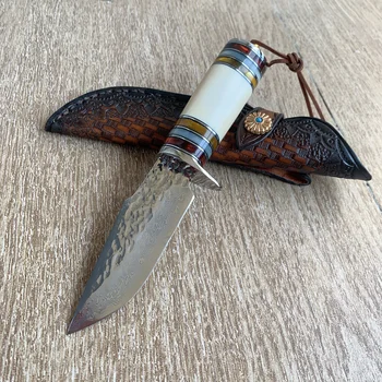 Bobeli 62 HRC, ручка из смолы из бычьей кости, Дамасская сталь, Охотничий нож с фиксированным лезвием для выживания в кемпинге с кожаными ножнами
