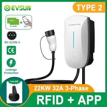 EVSUN EV Зарядная станция Type2 IEC62196-2 Штекер 22 кВт 32A 3 Фазы Приложение WiFi RFID Карта Электромобиль Автомобильное Зарядное Устройство Wallbox 5 Метров