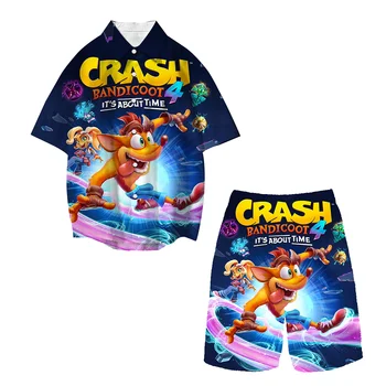 Game Crash Bandicoot Повседневная Свободная Рубашка Топы Для мальчиков и Девочек, Детские Костюмы с короткими штанами, Мужские И Женские Рубашки с лацканами и коротким рукавом, Комплект