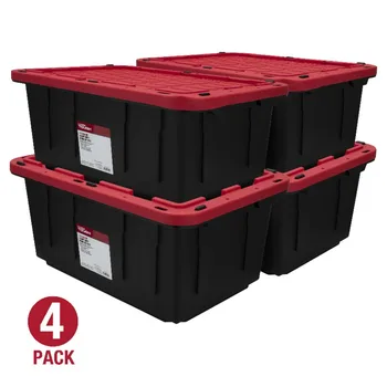 Hyper Tough - пластиковая сумка для хранения с защелкивающейся крышкой на 17 галлонов, черная основа / красная крышка, набор из 4 предметов