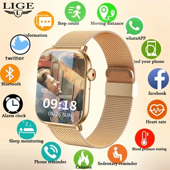LIGE 1,96-дюймовые смарт-часы с большим экраном, Женские Часы с контролем температуры тела, кислорода в крови, Голосовой ассистент, Экстренный SOS, Умные Часы, Мужские