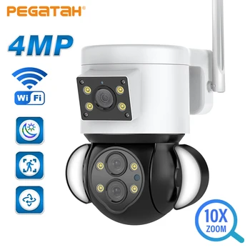 PEGATAH 4-мегапиксельная WIFI Камера наблюдения PTZ Наружная камера безопасности с автоматическим отслеживанием, Умный Прожектор с 10-кратным зумом, IP-камеры с двумя объективами