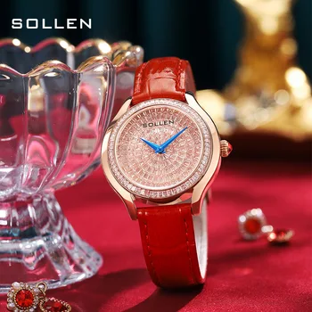 SOLLEN 2023 Новые Высококачественные Повседневные Модные Кварцевые Женские часы с Красным Кожаным Ремешком и Корпусом из Розового Золота 30 М Водонепроницаемый Reloj Mujer 436