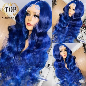 Topnormantic Синий Цвет Объемная Волна Парик с волосами Младенца 13x4 Синтетические волосы на кружеве Remy Бразильские Парики из человеческих волос для женщин