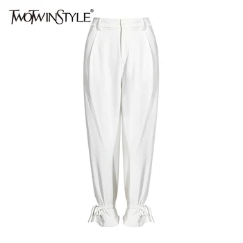 TWOTWINSTYLE, Белые плиссированные широкие брюки для женщин с высокой талией, Повседневные Свободные Брюки Женские, Осень 2022, Новый модный стиль