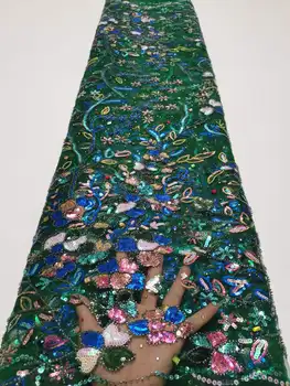Африканская кружевная ткань с блестками, тяжелые бусины, Высококачественная вышивка, цветные камни, Нигерийский тюль, Кружевной материал для свадебного шитья