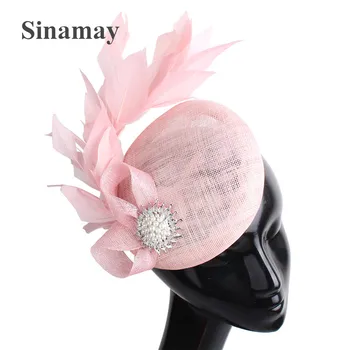 Высококачественная 4-слойная шляпа Sinamay Fascinator для женщин, вечернее платье, Фетровая шляпа, Коктейльный головной убор, Повязка на голову с Аксессуаром для волос из перьев