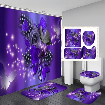 Главная Фиолетовая Занавеска для душа с цветочным принтом и бабочкой, 4 предмета, Ковровое покрытие, Крышка для унитаза, Коврик для ванной, Набор ковриков, Занавеска для ванной