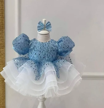 Голубое пышное платье с цветочным узором для девочек, платье-пачка длиной до колен, платье для Первого дня рождения для девочек, Рождественское платье для Новорожденных, подарок для фотосъемки