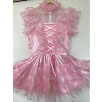 Горячая распродажа, розовое платье из атласа и органзы с застежкой для горничной, костюм для косплея на заказ