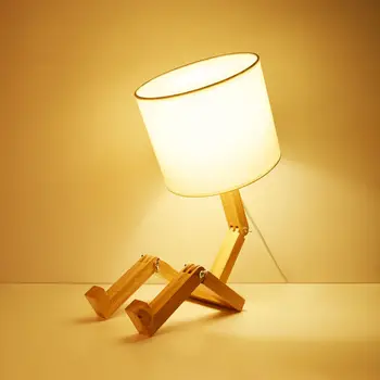 Деревянная настольная лампа в форме робота E14, держатель лампы 110-240 В, современная настольная лампа из натурального дерева, настольная лампа для гостиной, ночник для кабинета в помещении