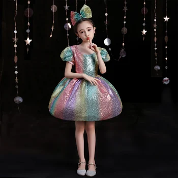 Детское платье принцессы на День рождения, сценическое представление, платье для девочек с короткой юбкой и рукавами-пузырями, платье для выступления хора