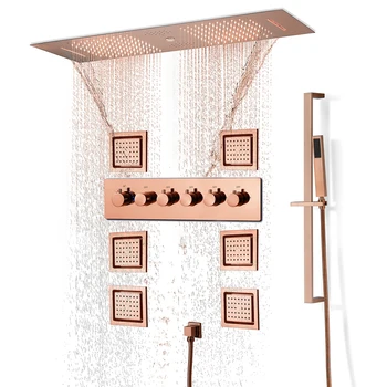 Душевая система из полированного Розового Золота, Насадка для душа с дождевой Насадкой, Термостатический Смеситель для душа из латуни в ванной Комнате, Музыка Bluetooth Smart Rain