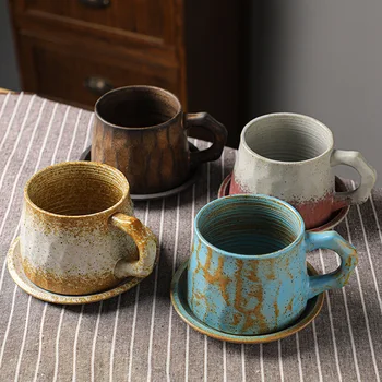 Европейская грубая керамическая кофейная чашка с блюдцем, винтажная чашка для растворимого кофе, креативная кружка большой емкости