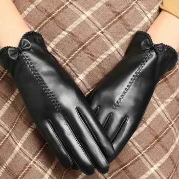 Женские Осенне-зимние Утепленные теплые перчатки из натуральной кожи, Женские Зимние перчатки для вождения из натуральной кожи с сенсорным экраном R769