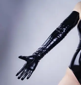 Женские перчатки из искусственной кожи Удлиненной Длины из лакированной кожи 70 см, черные для танцев в ночном клубе
