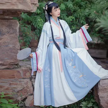 Женский костюм Ханфу, Китайский Традиционный Косплей с Перекрестным воротником, Древний костюм для выступлений, Платье Феи с цветочной вышивкой и длинным рукавом