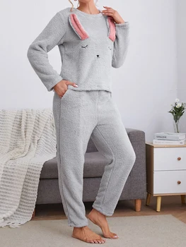 Женский пижамный комплект CozyDream Cozy Lounge с плюшевым флисовым пуловером и брюками - Ультрамягкая пижама для спокойной ночи - 2