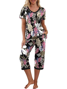 Женский Пижамный комплект с цветочным принтом, топ с коротким рукавом и эластичные брюки-капри для комфортного отдыха и мягкой ночной одежды