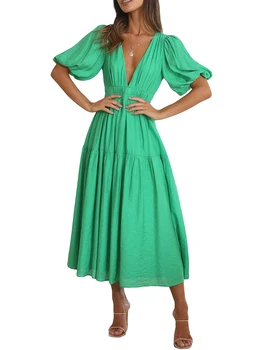 Женское летнее повседневное однотонное облегающее длинное платье с коротким рукавом и V-образным вырезом, винтажная повседневная одежда трапециевидной формы