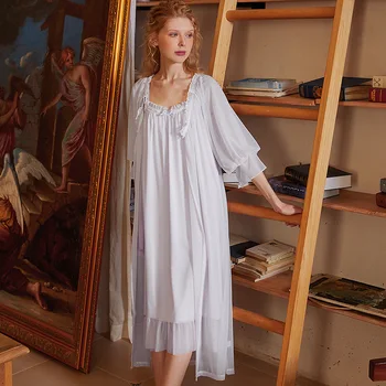 Женское Элегантное платье-комбинация в стиле ретро, сшитое из марли, Верхняя одежда, комплект из двух предметов, Хлопчатобумажные ночные рубашки, пижамы, Одежда для сна