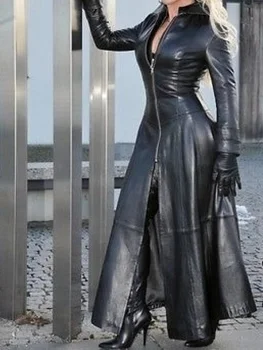 Зимняя женская модная Длинная куртка из кожи в стиле Киберпанк, повседневные свободные пуговицы, однотонные пальто, байкерская куртка с лацканами, большие размеры