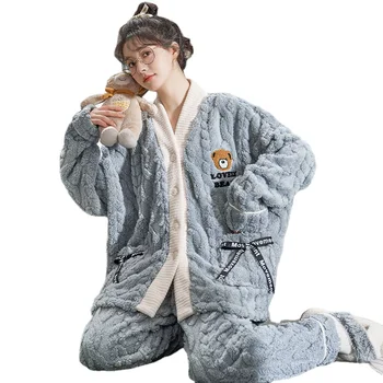 Зимняя Модная Женская Повседневная Однотонная теплая мягкая пижама Nightgow, Свободная пижама со штанами, Фланелевый Бархат, простой Медвежий бант