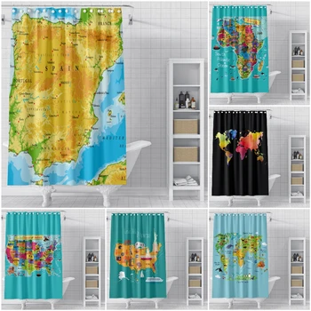 Карта мира Занавески для душа 3D Современная Занавеска для ванной Комнаты Ткань Водонепроницаемая Полиэфирная Занавеска для ванны с Крючками