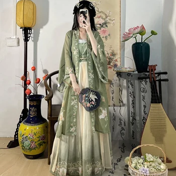 Китайское платье Hanfu, костюм из 3 предметов, чайно-зеленая элегантная длинная юбка, древнее китайское женское платье с вышивкой, одежда для съемок 드레스 кимоно