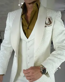 Комплект из 3 предметов, белый леопардовый мужской костюм, смокинг для свадебной вечеринки, уникальные брючные костюмы для жениха, пальто + брюки + жилет на заказ