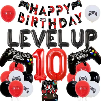 Красные и черные Украшения для видеоигр на 10-й день рождения для мальчиков, игровой Баннер на День рождения, воздушный шар из фольги на 10-летие вечеринки