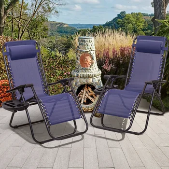 Кресло с нулевой гравитацией, набор из 2 раскладных шезлонгов, уличное кресло для отдыха во внутреннем дворике с регулируемой подушкой, 2 упаковки (синий)