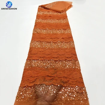 Кружевное свадебное платье Sinya 3D 2023, Роскошная французская Кружевная ткань с блестками и бисером, Высококачественная Оранжевая Тюлевая сетка Asoebi, Материал для Новобрачных