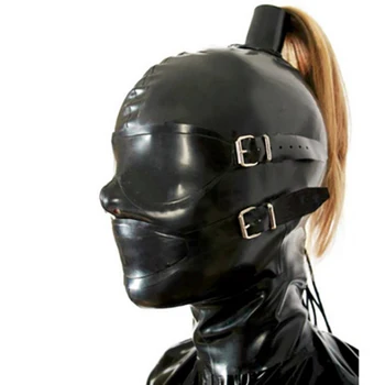 Латексная маска с полным покрытием Резиновый капюшон с хвостиком Парик Рот Кляп для зубов Съемные глаза и маска для рта Открытые глаза Рот Молния сзади