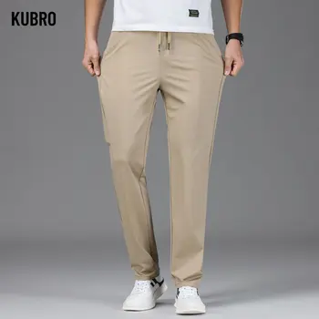 Летние Повседневные брюки KUBRO 2023 из ледяного шелка, Прямые Свободные Тонкие мужские спортивные брюки, деловые Легкие, с блестками на шнурке