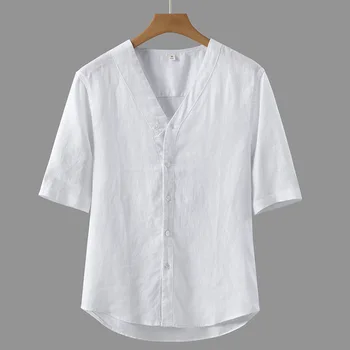 Летняя Модная Новая льняная рубашка из чистого хлопка с четвертью рукава для мужчин, свободная и тонкая дышащая мужская одежда, однотонный топ