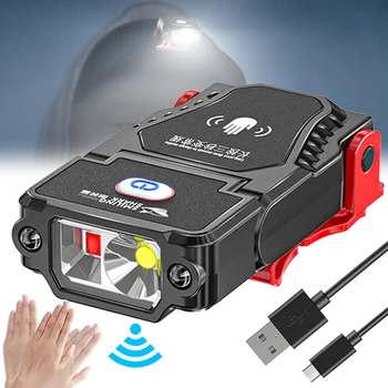 Мини Светодиодный сенсорный налобный фонарь с зажимом для шляпы, USB Перезаряжаемая фара для рыбалки, Регулируемый угол Наклона, лампа для кемпинга, Наружный рабочий свет