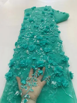 Модная 3D Кружевная ткань с цветочной вышивкой из бисера, Кружевные ткани с пайетками 2023, Роскошная сетка Нигерийского качества с бисером HXZ5524